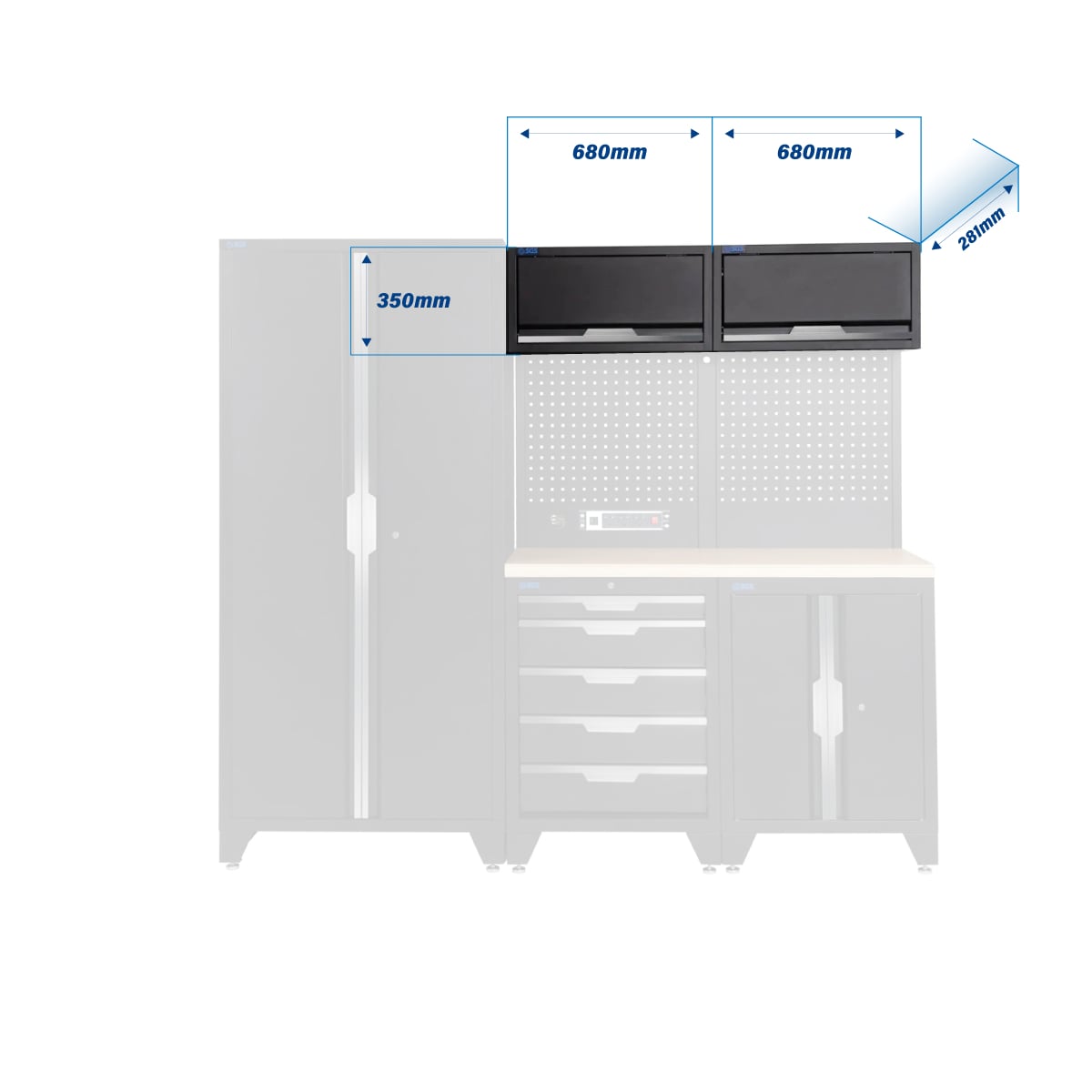 SGS 7pc Garage Storage System | 5 Drawers | Pressed Wood Worktop | Tall Double Cabinet | Pegboard with Power Strip